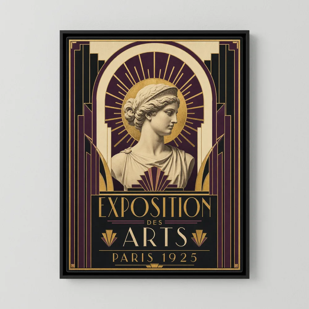 Vintage 1925 Paris Art Deco exhibition poster titled Exposition des Arts with classical statue bust and gold sunburst by retvibes.com