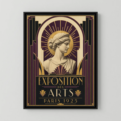 Vintage 1925 Paris Art Deco exhibition poster titled Exposition des Arts with classical statue bust and gold sunburst by retvibes.com