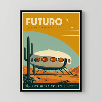 Retro Space Age poster titled Futuro featuring the iconic UFO-shaped Futuro house in a desert landscape with cacti.