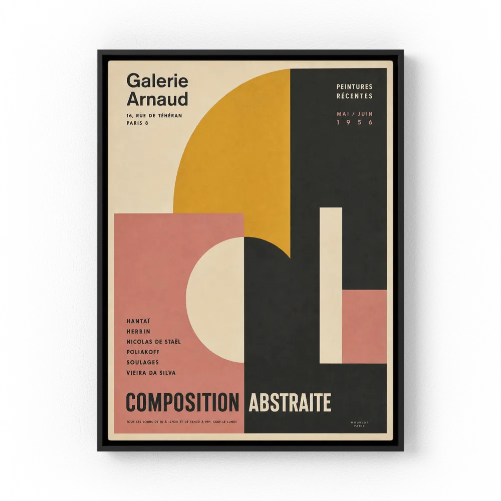 Vintage French gallery exhibition poster for Galerie Arnaud Paris 1956 titled Composition Abstraite, featuring Mid-Century geometric abstract shapes in mustard yellow, dusky pink, charcoal black, and beige with classic typography.
