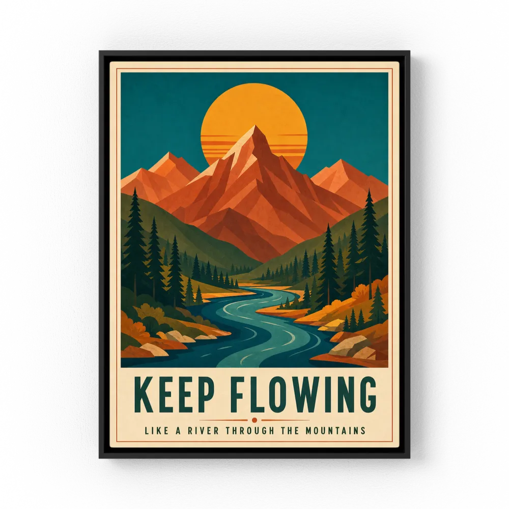 Retro mid-century mountain landscape art print featuring a winding river through pine trees under a sunset with quote Keep Flowing Like a River Through the Mountains - retvibes.com