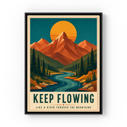 Retro mid-century mountain landscape art print featuring a winding river through pine trees under a sunset with quote Keep Flowing Like a River Through the Mountains - retvibes.com