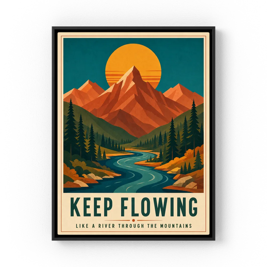 Retro mid-century mountain landscape art print featuring a winding river through pine trees under a sunset with quote Keep Flowing Like a River Through the Mountains - retvibes.com