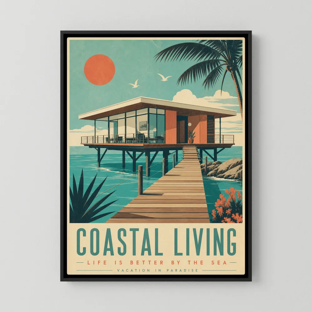Vintage mid-century modern beach house on stilts print titled Coastal Living with wooden pier over turquoise ocean water.