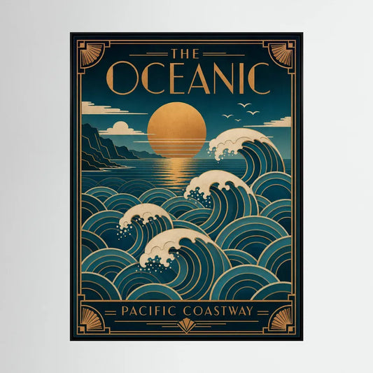 Vintage Art Deco ocean wave art print titled The Oceanic Pacific Coastway with golden sun and navy teal waves by retvibes.com