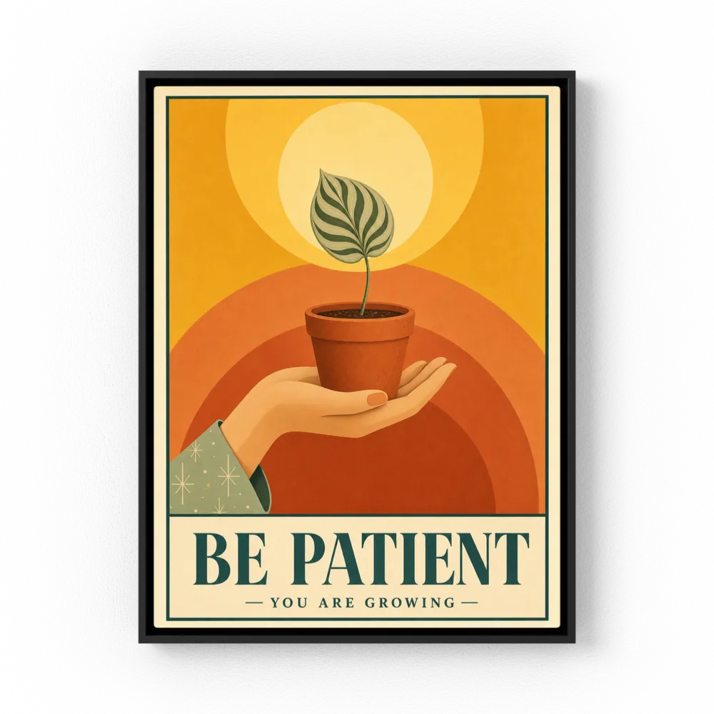Retro mid-century botanical art print featuring a hand holding a potted plant under a glowing sun with quote Be Patient You Are Growing - retvibes.com
