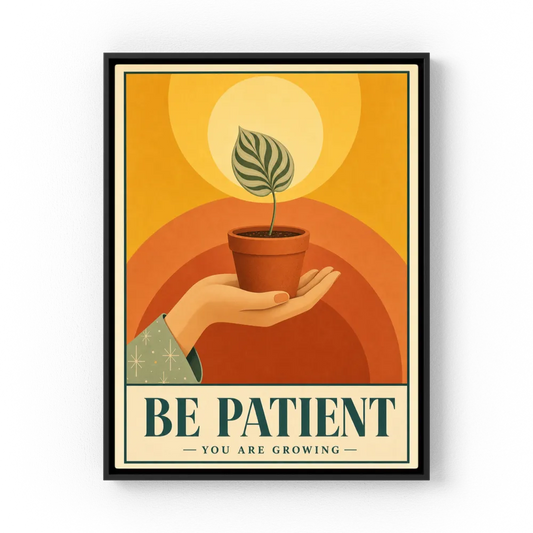 Retro mid-century botanical art print featuring a hand holding a potted plant under a glowing sun with quote Be Patient You Are Growing - retvibes.com