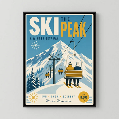 Vintage mid-century ski poster titled Ski The Peak showing two skiers on a chairlift ascending a snow-capped mountain.