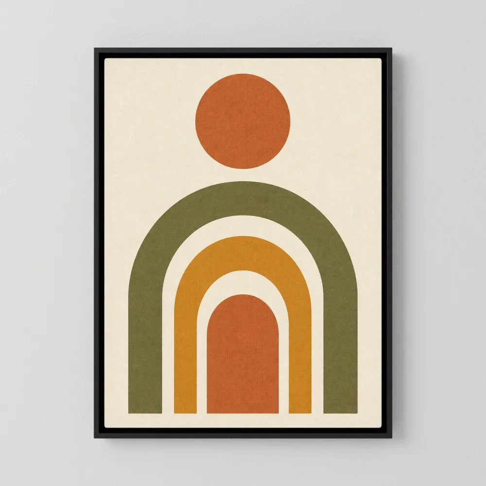 Boho minimalist art print featuring terracotta geometric rainbow arches and a sun circle in olive green, ochre, and rust tones.