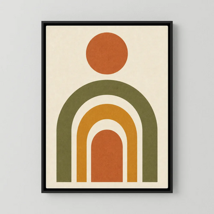 Boho minimalist art print featuring terracotta geometric rainbow arches and a sun circle in olive green, ochre, and rust tones.