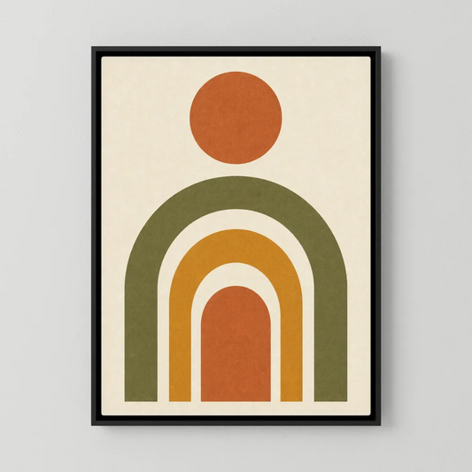 Boho minimalist art print featuring terracotta geometric rainbow arches and a sun circle in olive green, ochre, and rust tones.