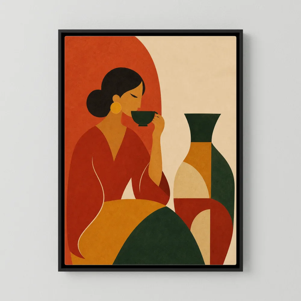 Woman Sipping Tea with Patterned Vase Boho Minimalist Art Print