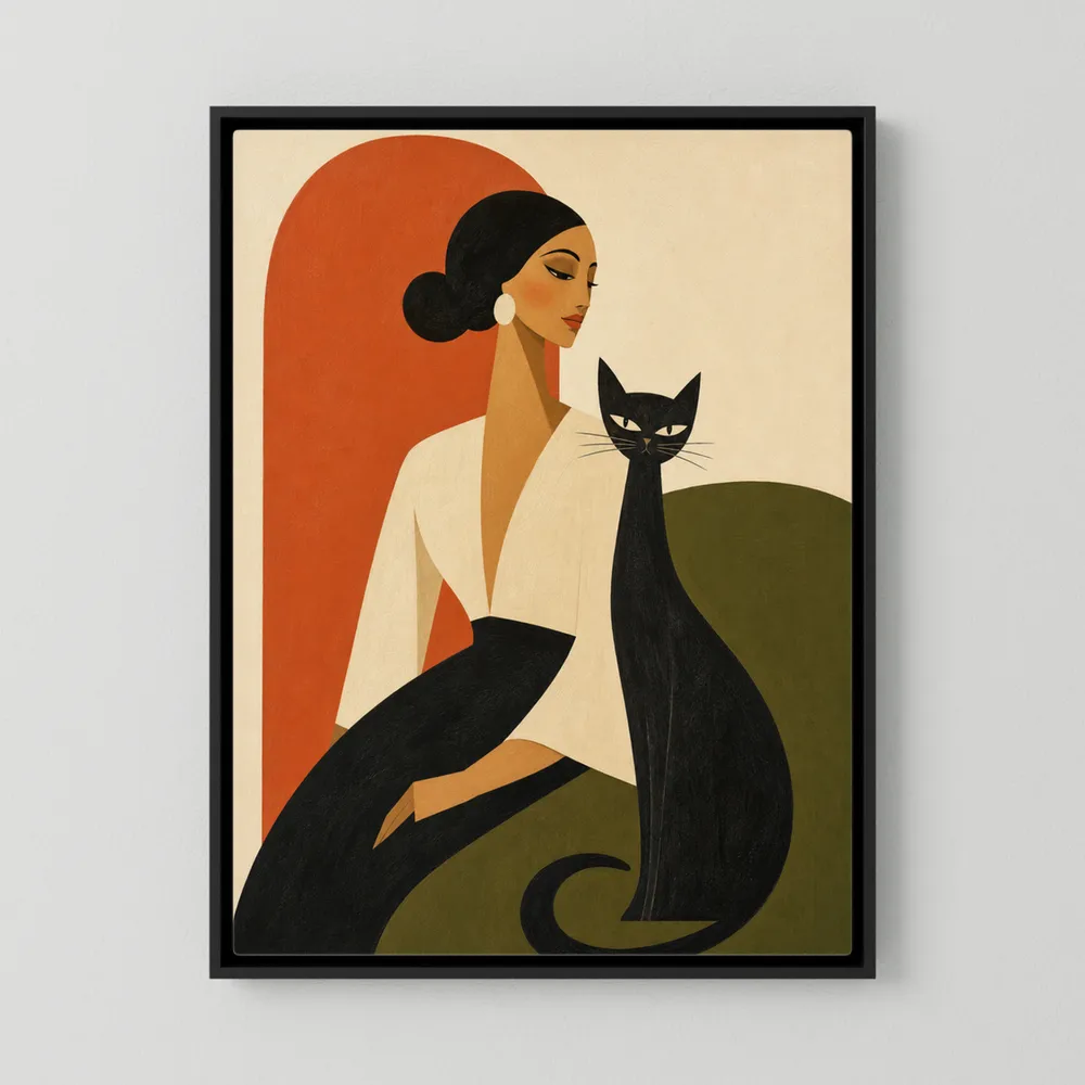 Mid-century retro portrait art print of an elegant woman with a tall sleek black cat sitting beside her against a terracotta arch and green chair.