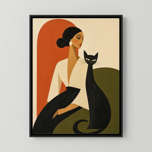 Mid-century retro portrait art print of an elegant woman with a tall sleek black cat sitting beside her against a terracotta arch and green chair.