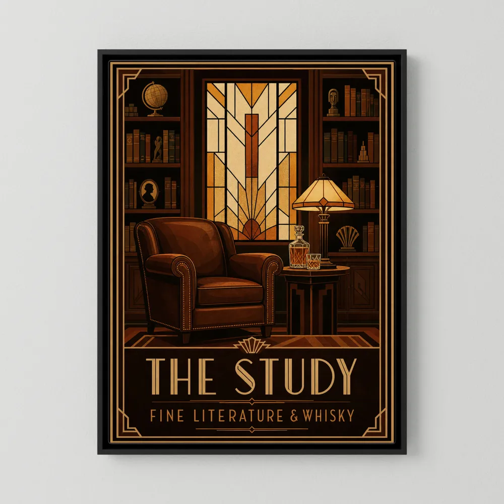 Vintage Art Deco library interior print titled The Study Fine Literature and Whisky with leather armchair, stained glass window, and decanter by retvibes.com