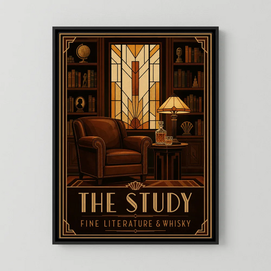 Vintage Art Deco library interior print titled The Study Fine Literature and Whisky with leather armchair, stained glass window, and decanter by retvibes.com