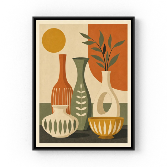 Mid-Century Modern abstract still life art print featuring a collection of vintage ceramic vases and a yellow bowl in terracotta, olive green, cream, and mustard tones with leafy branches and a golden sun against a textured beige background.