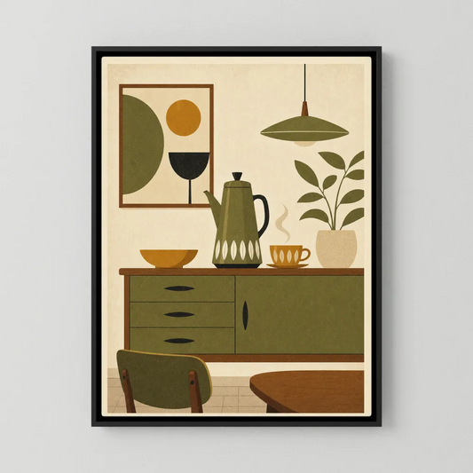 Mid-century modern still life art print featuring an olive green credenza, retro coffee pot, steaming cup, and indoor plant.