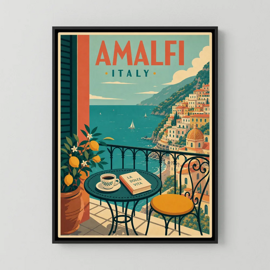 Vintage Amalfi Coast travel poster featuring a balcony table with espresso and book overlooking the Italian seaside town and lemon trees.