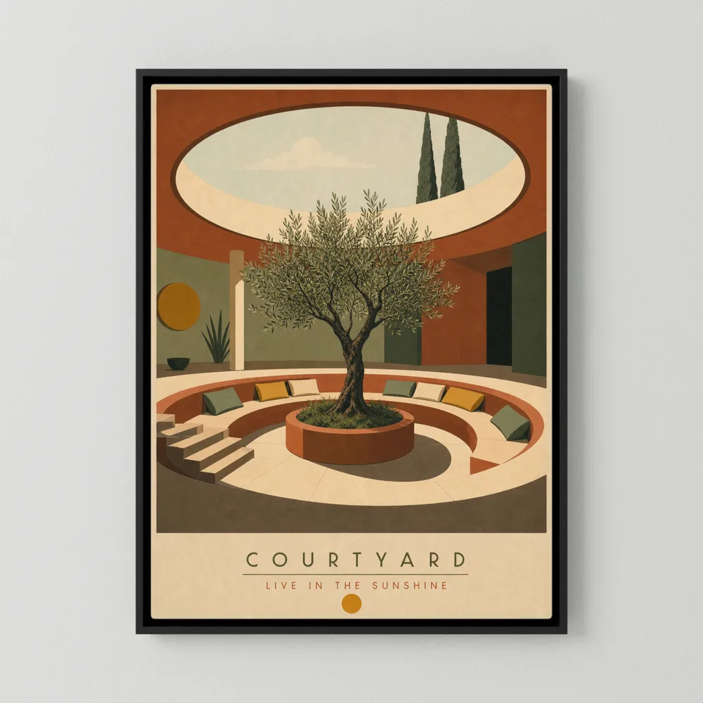 Mediterranean architecture print titled Courtyard with a circular sunken seating pit built around a central olive tree under an oculus skylight.