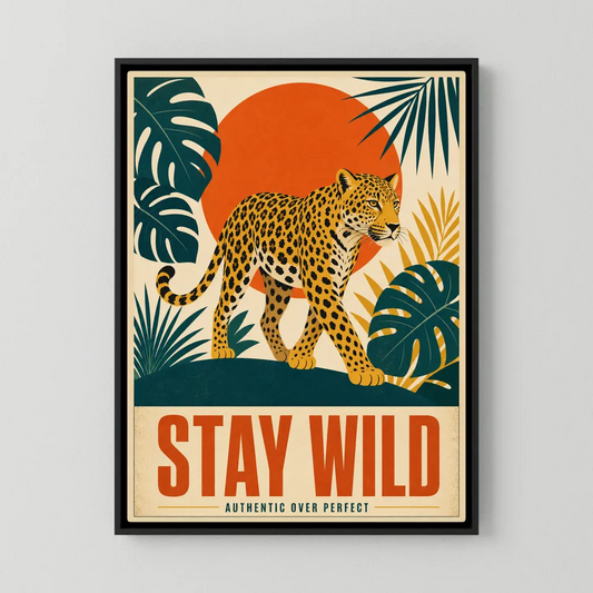 Retro mid-century leopard art print with tropical monstera leaves, orange sun, and palm leaves featuring the quote Stay Wild Authentic Over Perfect - retvibes.com