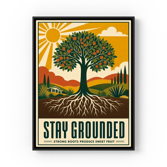 Retro mid-century tree art print with deep roots and orange fruit under a sunburst with quote Stay Grounded Strong Roots Produce Sweet Fruit - retvibes.com