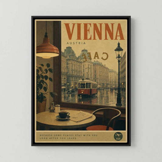 Vintage travel poster titled Vienna Austria showing a view from inside a cafe with a coffee cup and newspaper looking out at a red tram on a rainy street.