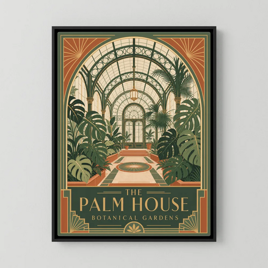 Vintage Art Deco conservatory print titled The Palm House Botanical Gardens with tropical monstera plants and glasshouse architecture by retvibes.com