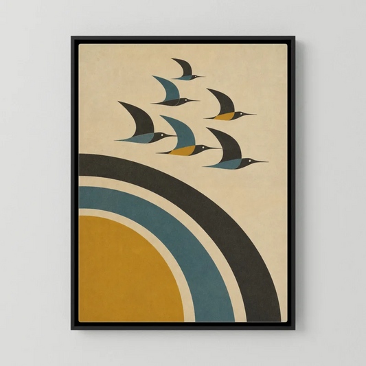 Mid-century modern abstract print featuring geometric birds flying over colorful concentric arches in mustard yellow, teal, and black.