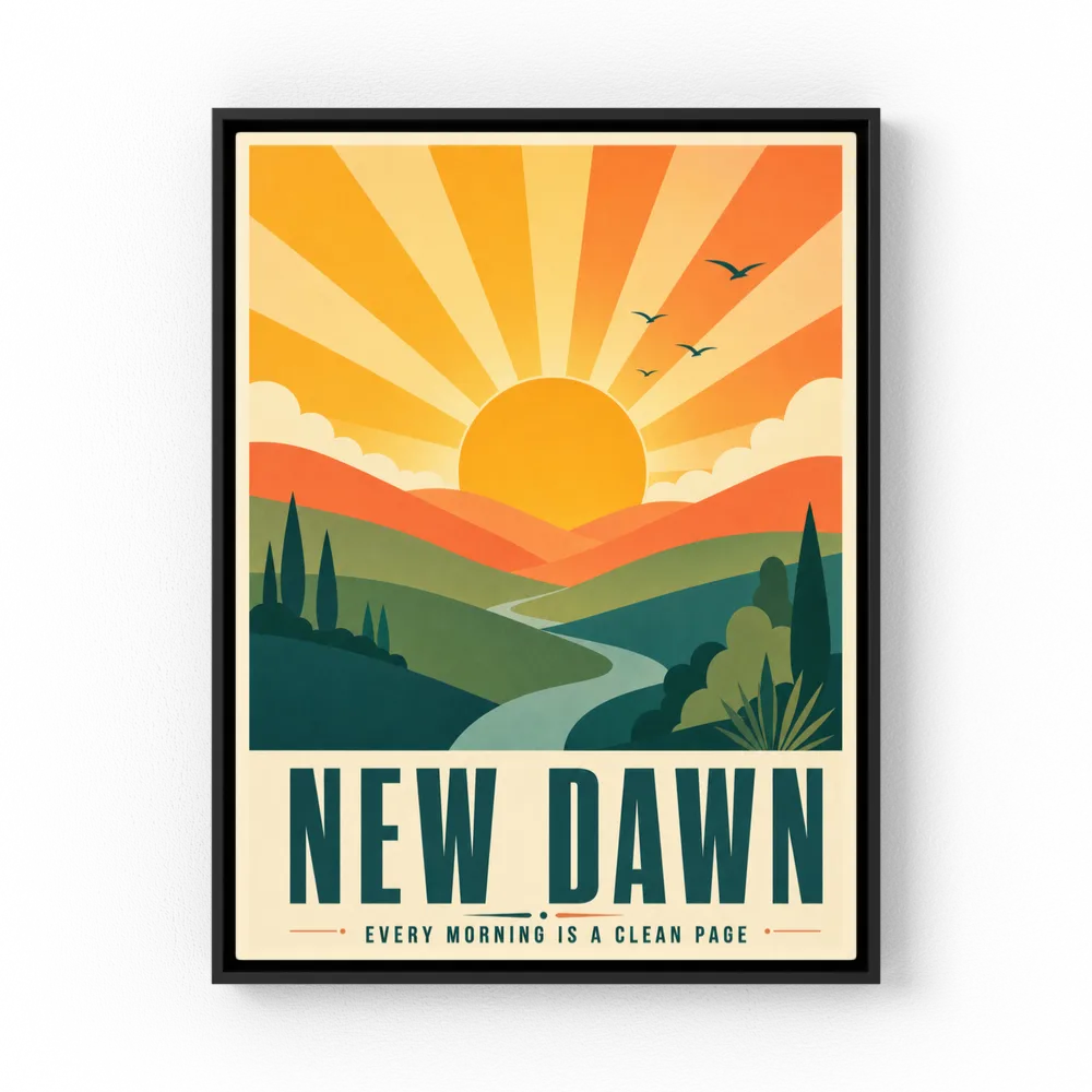 Retro mid-century sunrise landscape art print with rolling green hills, winding river, and sunburst rays featuring quote New Dawn Every Morning Is a Clean Page - retvibes.com