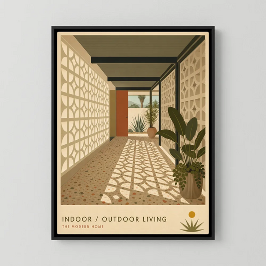 Mid-century modern hallway art print with breeze block wall casting shadows on terrazzo floor and outdoor agave courtyard.