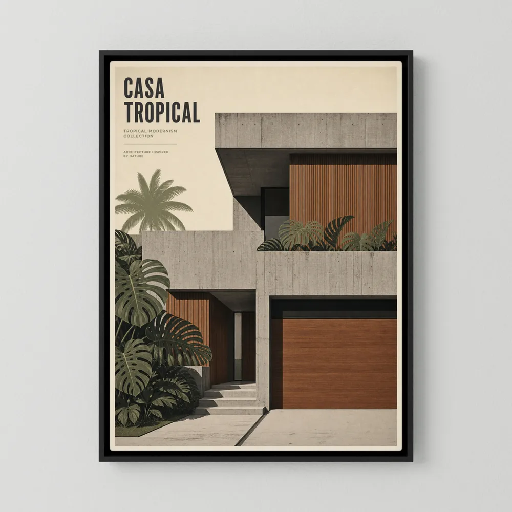 Tropical modernism architecture print titled Casa Tropical featuring concrete building design with wood cladding and large monstera foliage.