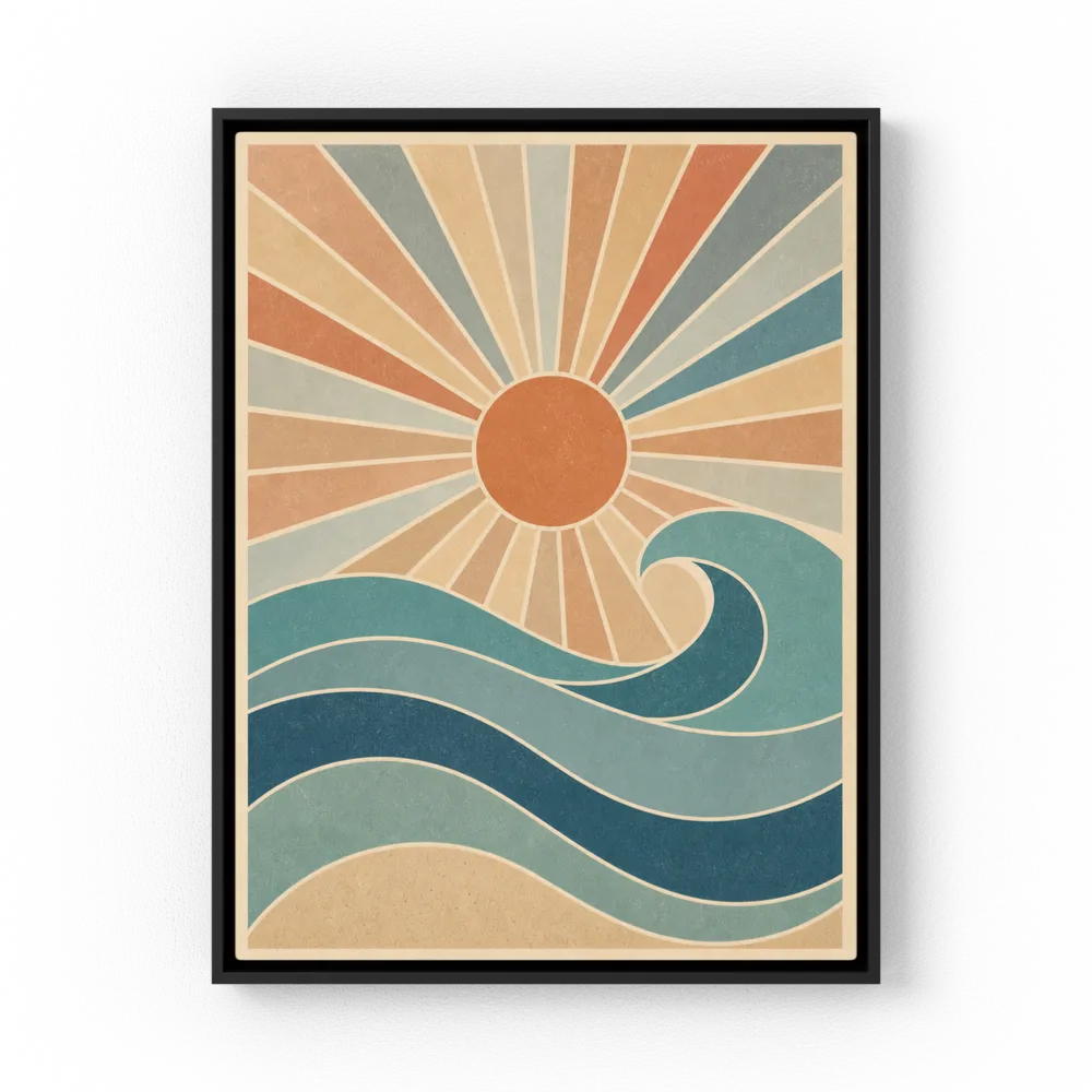 Retro 70s style illustration featuring a central terracotta orange sun with radiating sunburst rays over stylized blue ocean waves and a sandy beach background.