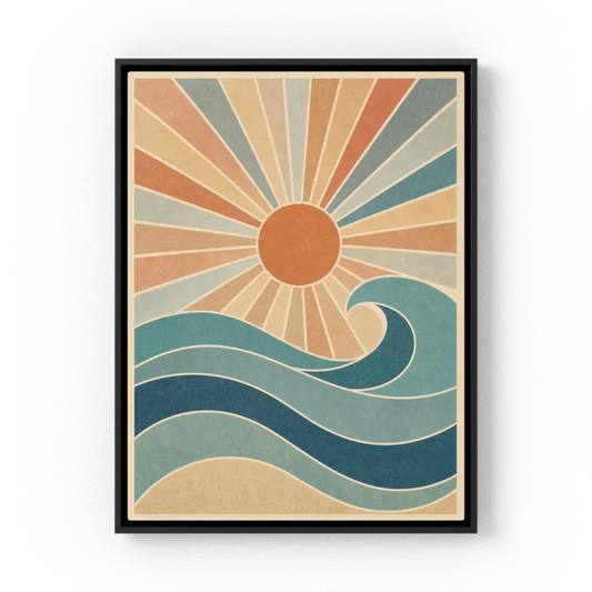 Retro 70s style illustration featuring a central terracotta orange sun with radiating sunburst rays over stylized blue ocean waves and a sandy beach background.