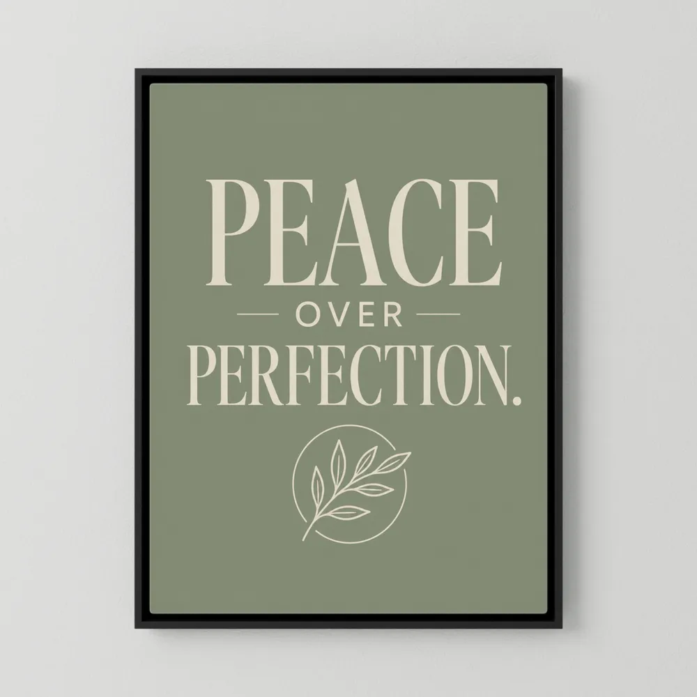 Retro typography art print featuring Peace Over Perfection text and an olive branch illustration in cream on a sage green background