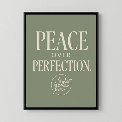 Retro typography art print featuring Peace Over Perfection text and an olive branch illustration in cream on a sage green background