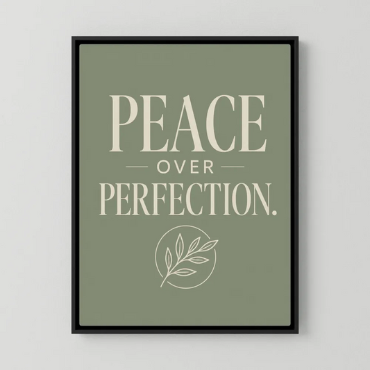 Retro typography art print featuring Peace Over Perfection text and an olive branch illustration in cream on a sage green background