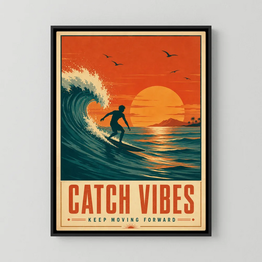 Retro mid-century surfing art print featuring a surfer on a wave against a sunset with quote Catch Vibes Keep Moving Forward - retvibes.com