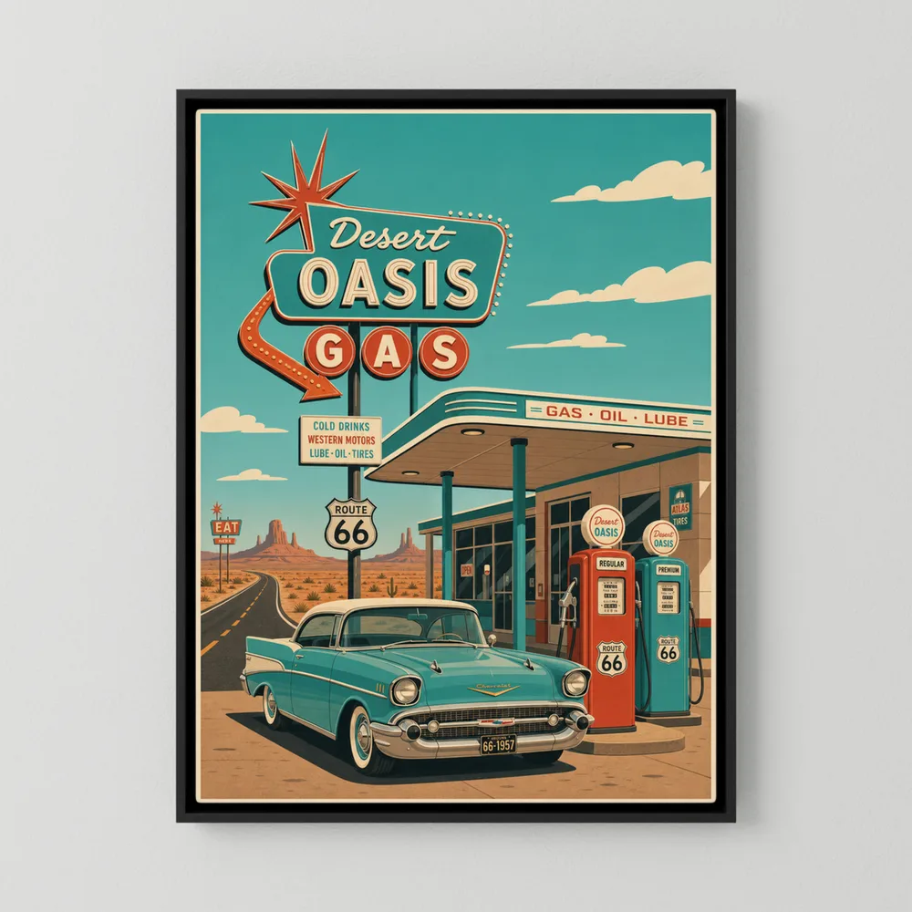 Vintage Route 66 travel poster titled Desert Oasis Gas featuring a 1957 turquoise Chevy car parked at a retro gas station with neon sign.