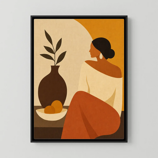 Minimalist boho portrait print of a woman in cream and terracotta sitting beside a dark ceramic vase with branches and a bowl of oranges.