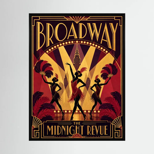 Vintage 1920s Art Deco cabaret poster titled Broadway The Midnight Revue featuring flapper dancers with feather fans and New York skyline background by retvibes.com