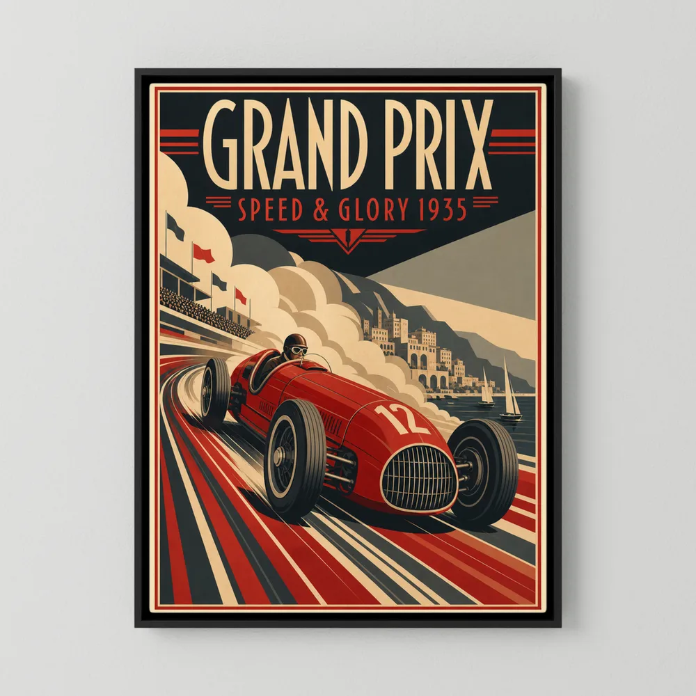 Vintage 1935 Art Deco Grand Prix racing poster titled Speed and Glory featuring red race car number 12 along coastal track by retvibes.com