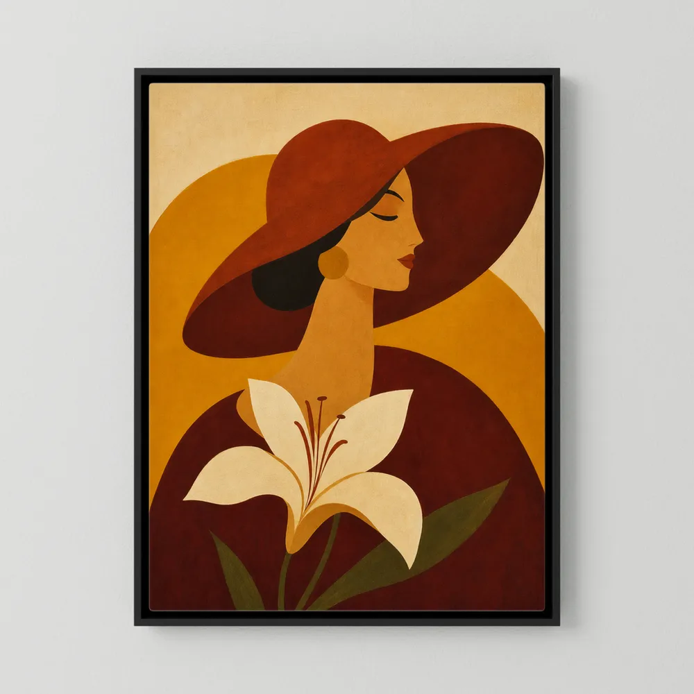 Retro Art Deco portrait print of a woman wearing a wide-brimmed burgundy hat with a white lily flower in the foreground.