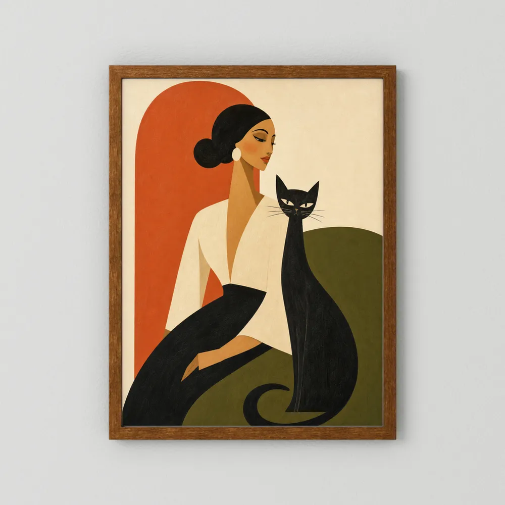 Woman with Sleek Black Cat Mid-Century Retro Art Print