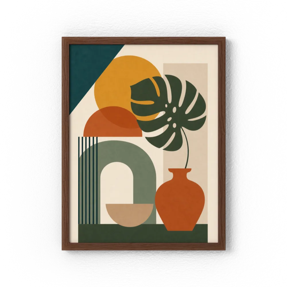 Mid-Century Monstera & Abstract Shapes Art Print