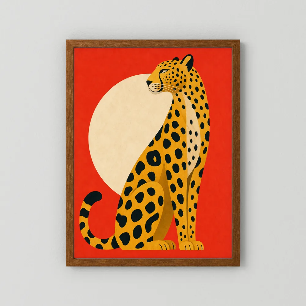 Mid-Century Modern Cheetah Red Sun Retro Art Print