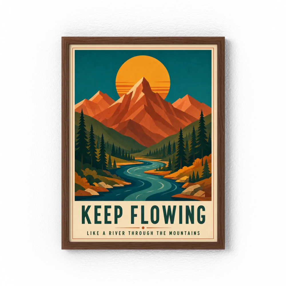 Keep Flowing – Retro Mountain & River Art Print