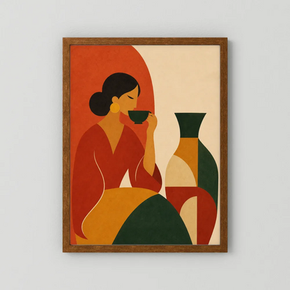 Woman Sipping Tea with Patterned Vase Boho Minimalist Art Print