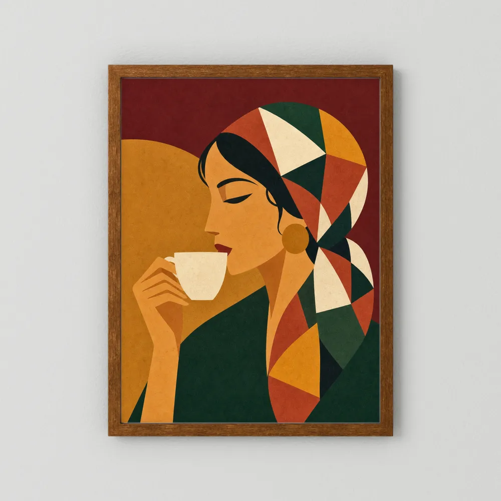 Woman Drinking Coffee with Geometric Headscarf Retro Art Print