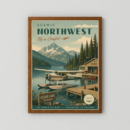 Scenic Northwest Clear Lake Washington Seaplane Vintage Travel Poster Art Print